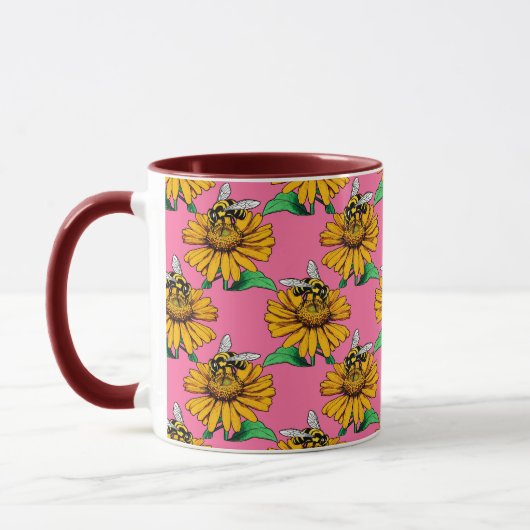 Bee on Sunflower Flower Pattern Design Pink マグカップ (左)