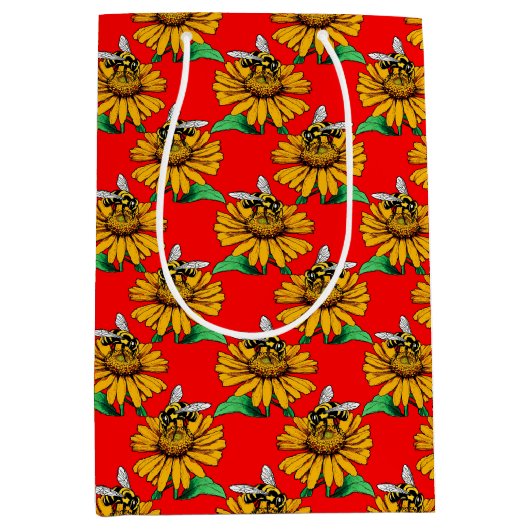 Bee on Sunflower Flower Pattern Design Red  ミディアムペーパーバッグ (正面)