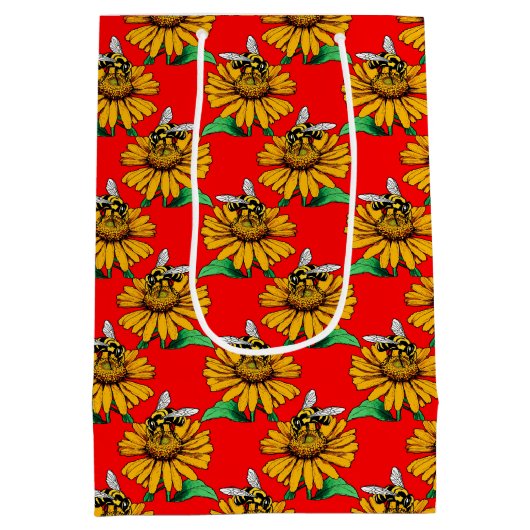 Bee on Sunflower Flower Pattern Design Red  ミディアムペーパーバッグ (裏面)