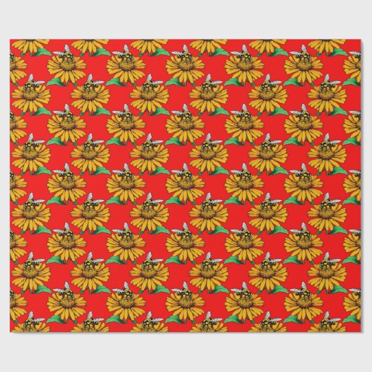 Bee on Sunflower Flower Pattern Design Red  ラッピングペーパー (フラット)