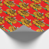 Bee on Sunflower Flower Pattern Design Red  ラッピングペーパー (角)