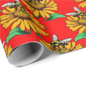 Bee on Sunflower Flower Pattern Design Red  ラッピングペーパー (ロールコーナー)