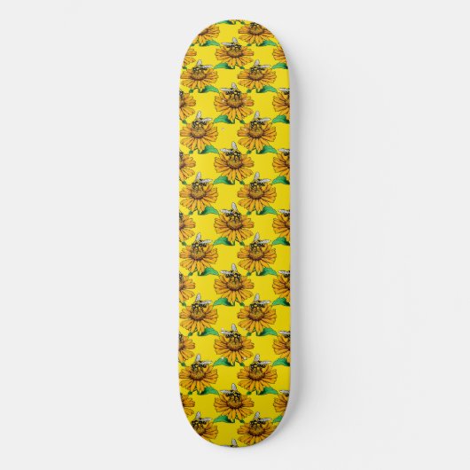 Bee on Sunflower Flower Pattern Design Yellow  スケートボード (正面)