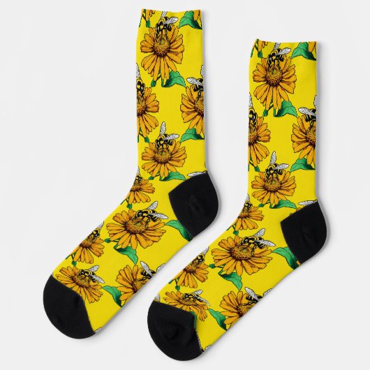 Bee on Sunflower Flower Pattern Design Yellow ソックス (左)