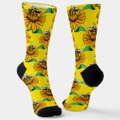 Bee on Sunflower Flower Pattern Design Yellow ソックス