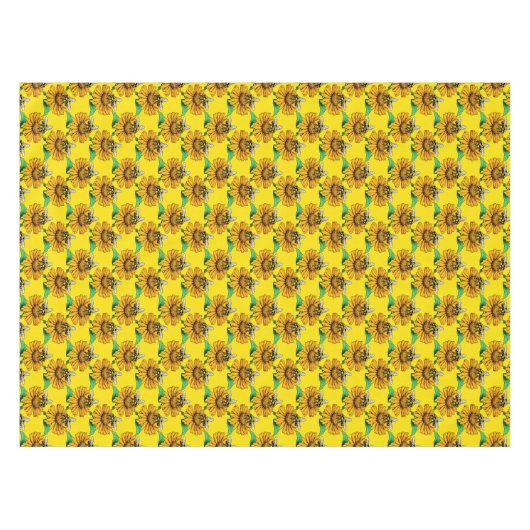 Bee on Sunflower Flower Pattern Design Yellow  テーブルクロス (正面(横))