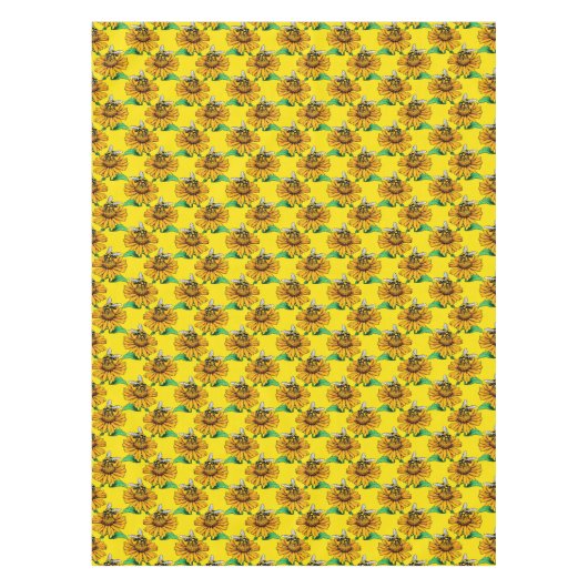 Bee on Sunflower Flower Pattern Design Yellow  テーブルクロス (正面)