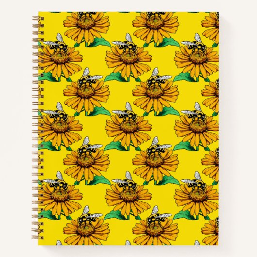 Bee on Sunflower Flower Pattern Design Yellow  ノートブック (正面)