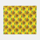 Bee on Sunflower Flower Pattern Design Yellow フリースブランケット (正面(横))