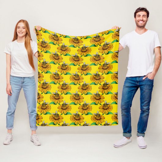 Bee on Sunflower Flower Pattern Design Yellow フリースブランケット