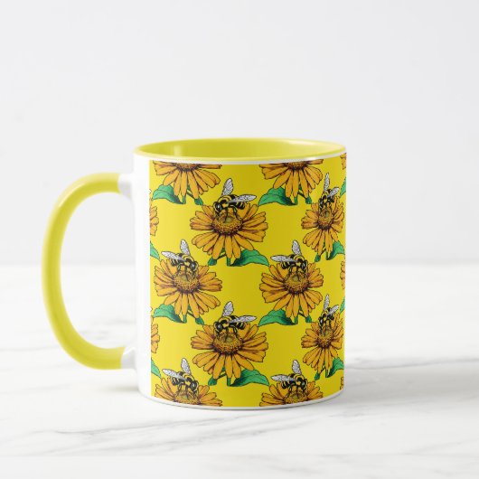 Bee on Sunflower Flower Pattern Design Yellow  マグカップ (左)
