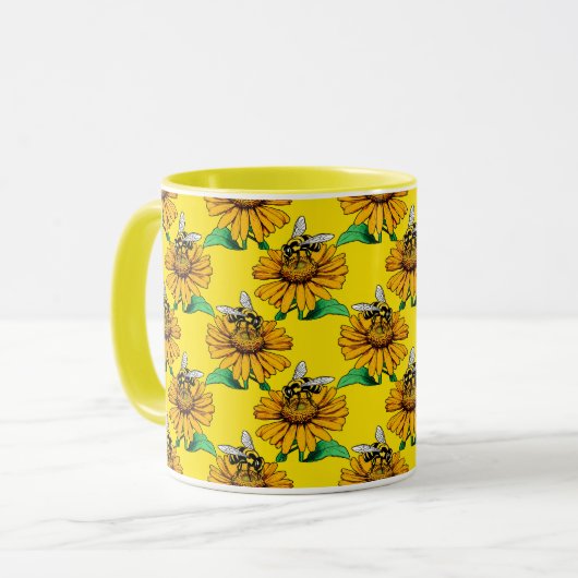 Bee on Sunflower Flower Pattern Design Yellow マグカップ (正面左)