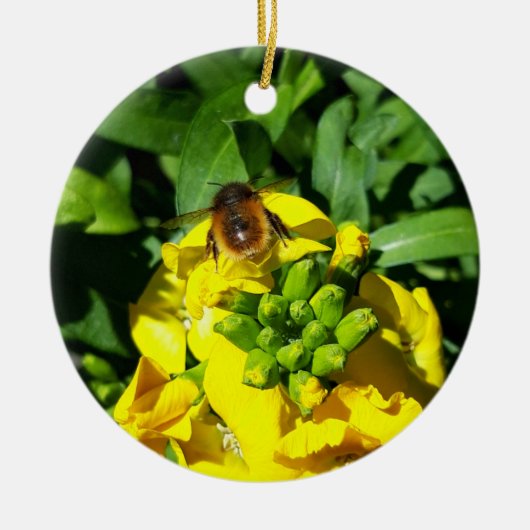 Bee on Yellow Flowers セラミックオーナメント (正面)