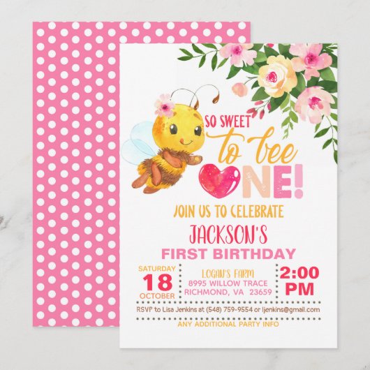 Bee ONE 誕生日おめでとう！最初の誕生日パーティーの招待状 招待状 (正面/裏面)