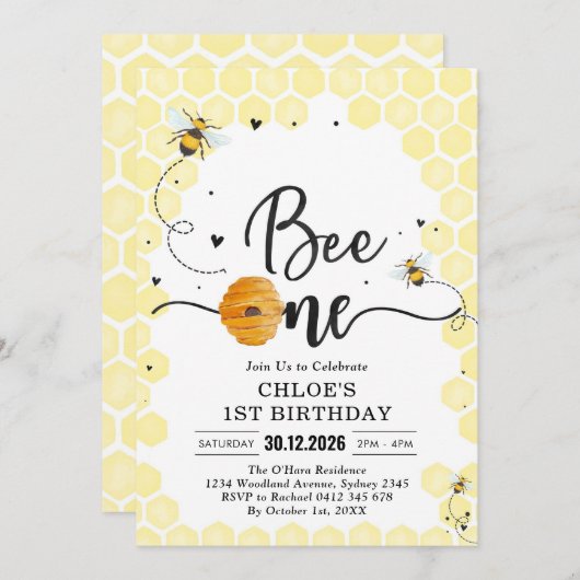 Bee One Honey Bee 1st Birthday Invitation 招待状 (正面/裏面)