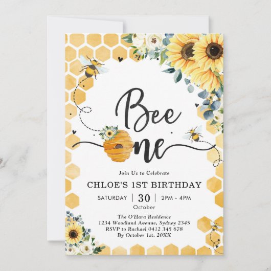 Bee One Honey Bee 1st Birthday Invitation 招待状 (正面)
