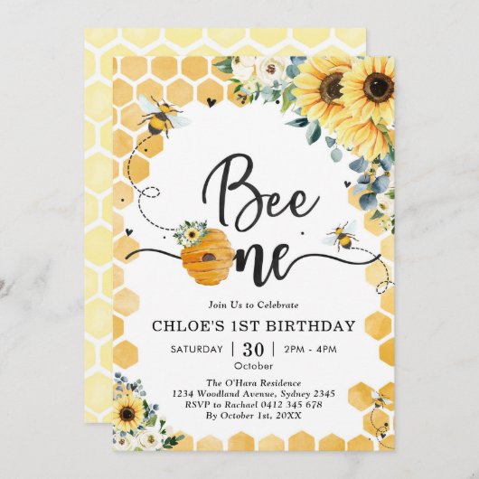 Bee One Honey Bee 1st Birthday Invitation 招待状 (正面/裏面)