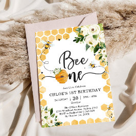 Bee One Honey Bee Floral 1st Birthday Invitation 招待状