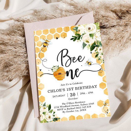 Bee One Honey Bee Floral 1st Birthday Invitation 招待状