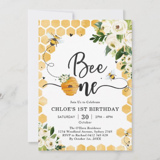 Bee One Honey Bee Floral 1st Birthday Invitation 招待状 (正面)