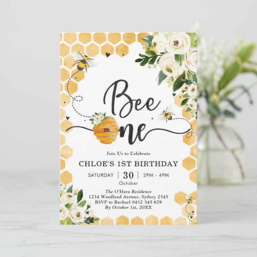 Bee One Honey Bee Floral 1st Birthday Invitation 招待状 (スタンド正面)