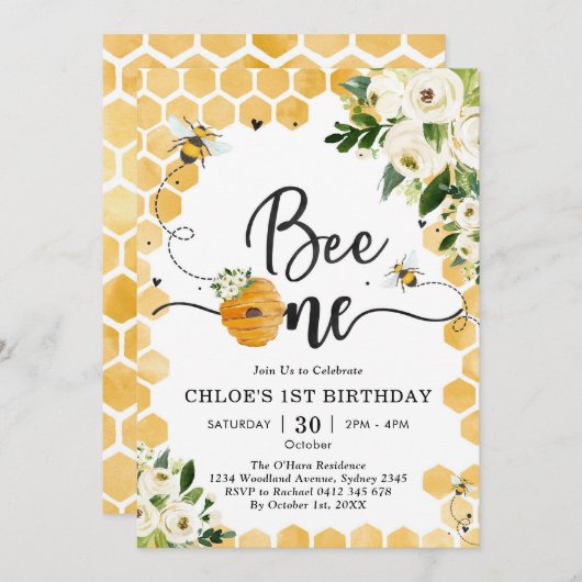 Bee One Honey Bee Floral 1st Birthday Invitation 招待状 (正面/裏面)