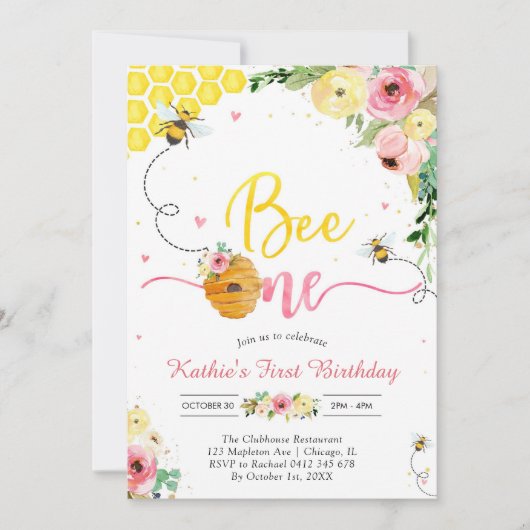 Bee One Honey Bee Girl 1st Birthday Invitation 招待状 (正面)