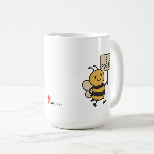 "Bee Positive" マグカップ | 可愛いマルハナバチのスローガン (正面右)