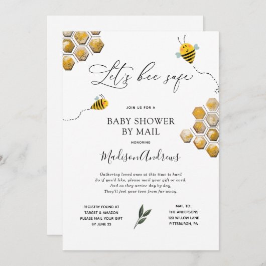 Bee Safe Baby Shower by Mail 招待状 (正面/裏面)