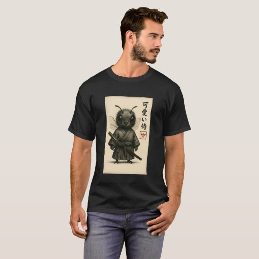 Bee Samurai Ink Art Sumi-e Style Novelty Kawaii Wo Tシャツ (正面フル)