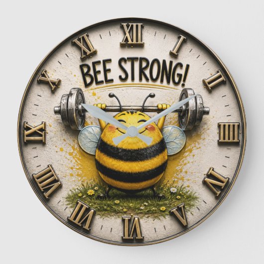 Bee Strong Funny Gym Motivational Fitness Decor ラージ壁時計 (正面)