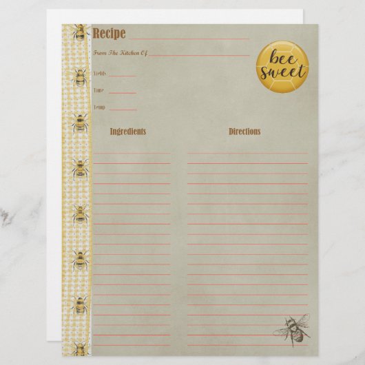 Bee Sweet Cookbook Insert (正面/裏面)