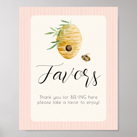 Bee Themed Girl Baby Shower Pink Favor Table Sign ポスター (正面)