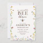 Bee Three Birthday Invitation Floral Bee Party Kid 招待状 (正面)