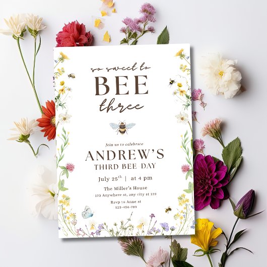Bee Three Birthday Invitation Floral Bee Party Kid 招待状