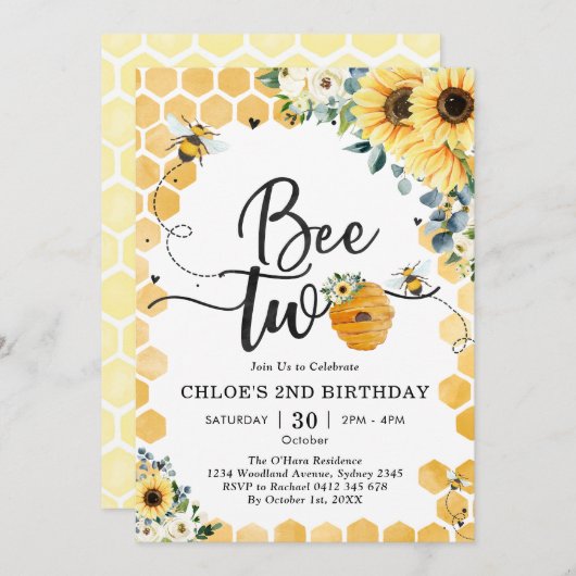 Bee Two Honey Bee 2nd Birthday Invitation 招待状 (正面/裏面)