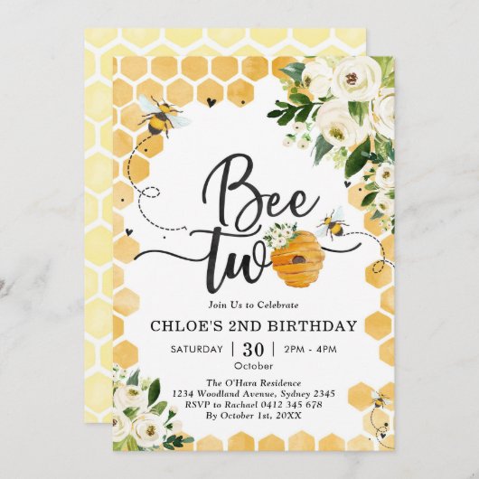 Bee Two Honey Bee 2nd Birthday Invitation 招待状 (正面/裏面)
