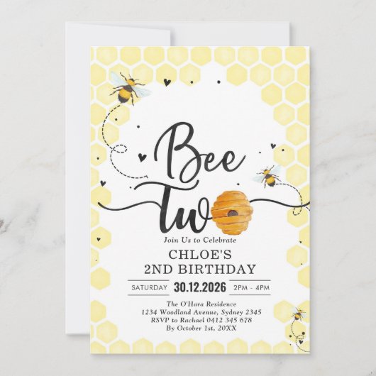 Bee Two Honey Bee 2nd Birthday Invitation 招待状 (正面)
