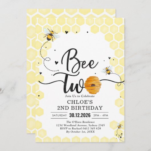 Bee Two Honey Bee 2nd Birthday Invitation 招待状 (正面/裏面)