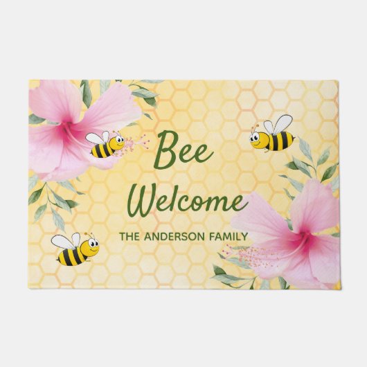 Bee Welcome bumble bees yellowハニカム名 ドアマット (正面)