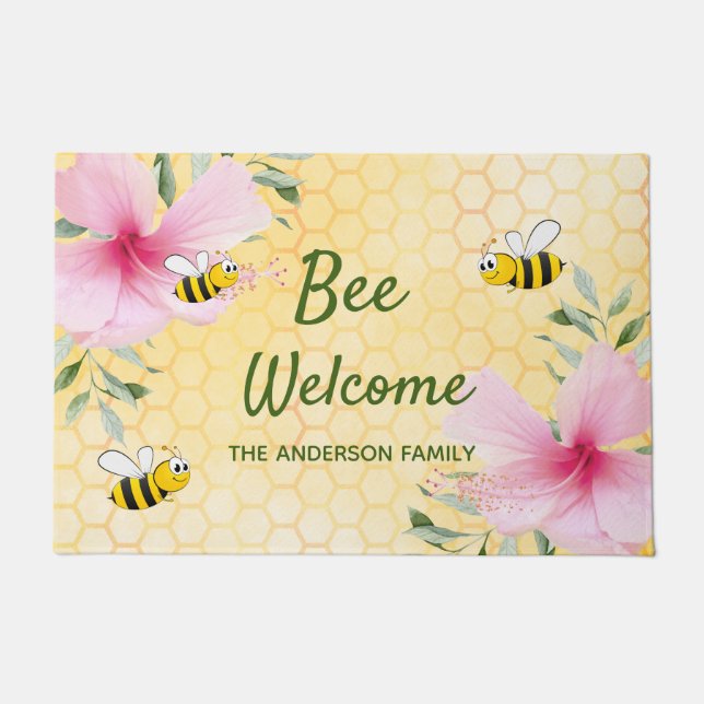 Bee Welcome bumble bees yellowハニカム名 ドアマット (正面)