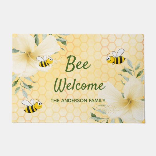 Bee Welcome bumble bees yellowハニカム名 ドアマット (正面)