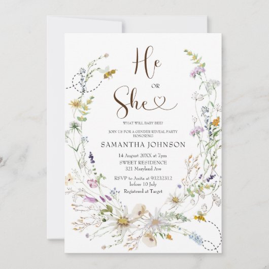 Bee Wildflowerの素朴性別による招待の表示 招待状 (正面)