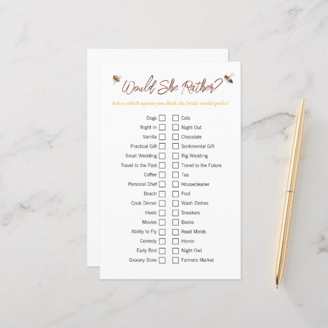 Bee "Would She Game"ブライダルシャワーゲーム (正面/裏面インサイチュ)