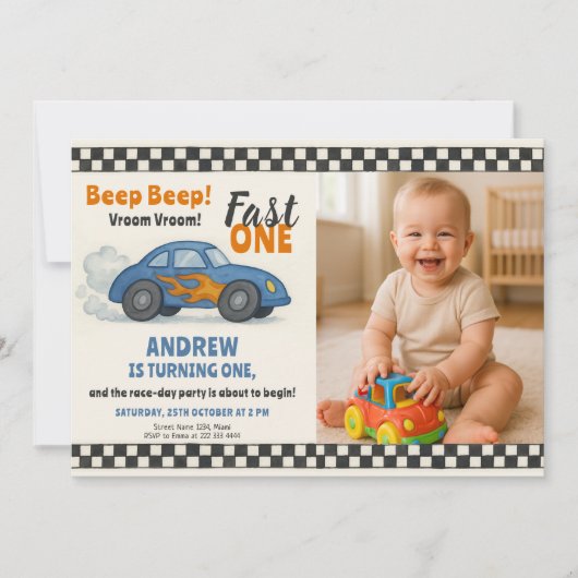 Beep Beep Fast One Birthday 招待状 (正面)