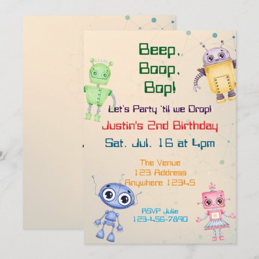 Beep Boop Bop Robot Birthday 招待状 (正面/裏面)