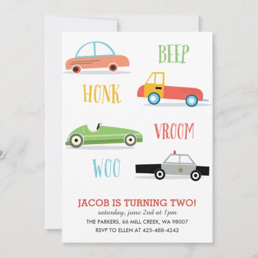 Beep Honk Woo Kidの誕生日パーティーの招待 招待状 (正面)