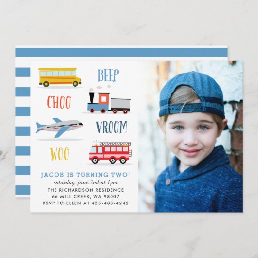 Beep Vroom woo飛行機の誕生日パーティーの写真 招待状 (正面/裏面)