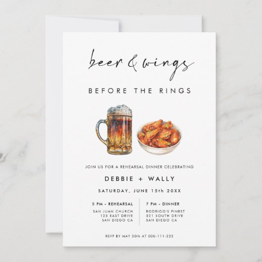 Beer and Wings Before the Rings Rehearsal Dinner 招待状 (正面)