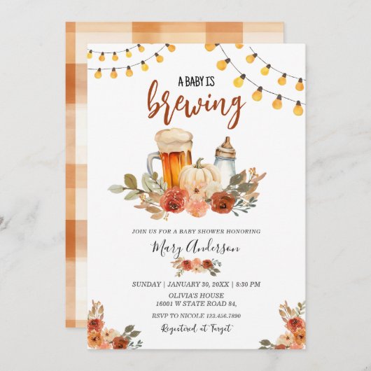 Beer Baby Is Brewing Fall Baby Shower  招待状 (正面/裏面)